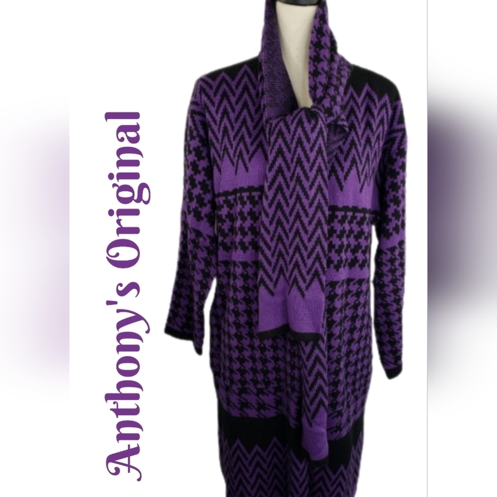 Anthony's Original Purple & Black Midi One Button Built In Scarf Sweater Sz M